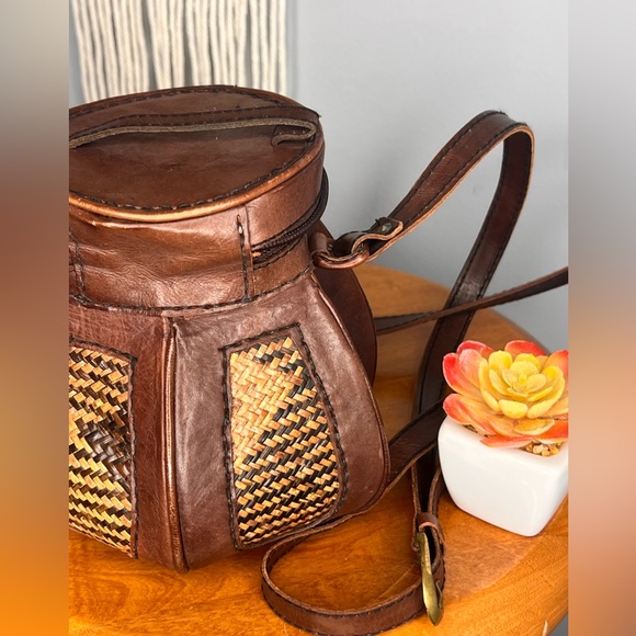 Leather & Rattan CrossBody Bucket Bag - Picture 9 of 13